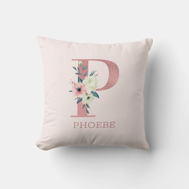 Letter P Pink Watercolor Floral Monogram Kinderzim Kissen (Vorderseite)