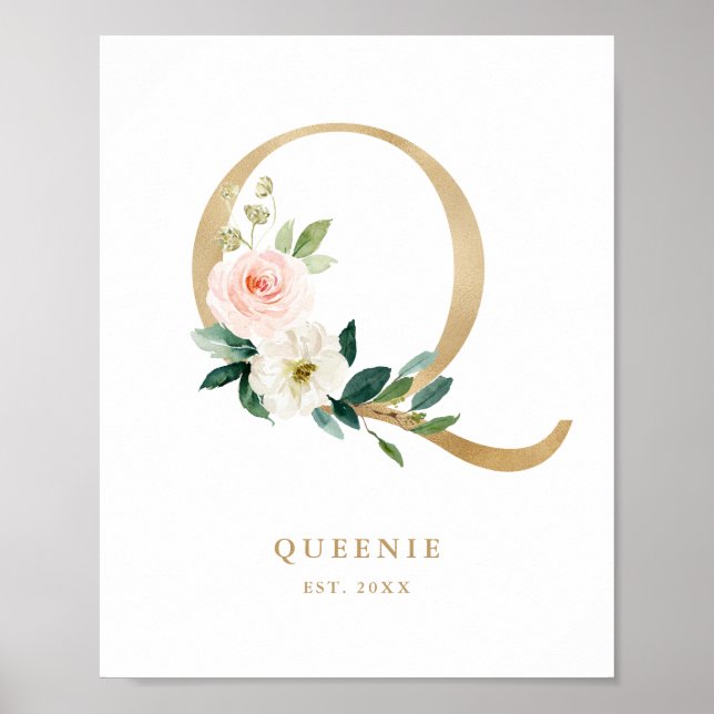 Letter Q Blush Monogram Gold Foil Kinderzimmer Poster (Vorne)