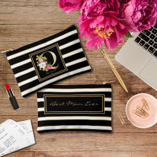 Letter Q Floral Monogramm Schwarz-weiße Streifen a Zubehörtasche