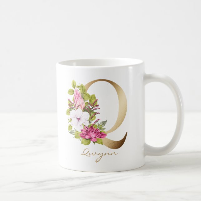 Letter Q Gold Monogram Pink White Magenta Floral Kaffeetasse (Rechts)