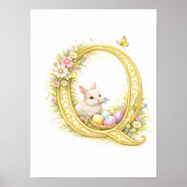 Letter Q Gold Spring Nature Monogram Bunny Kids Poster (Vorne)