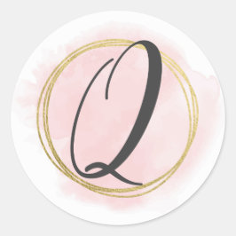 Letter Q Monogram Blush Pink Watercolor Gold Chic Runder Aufkleber