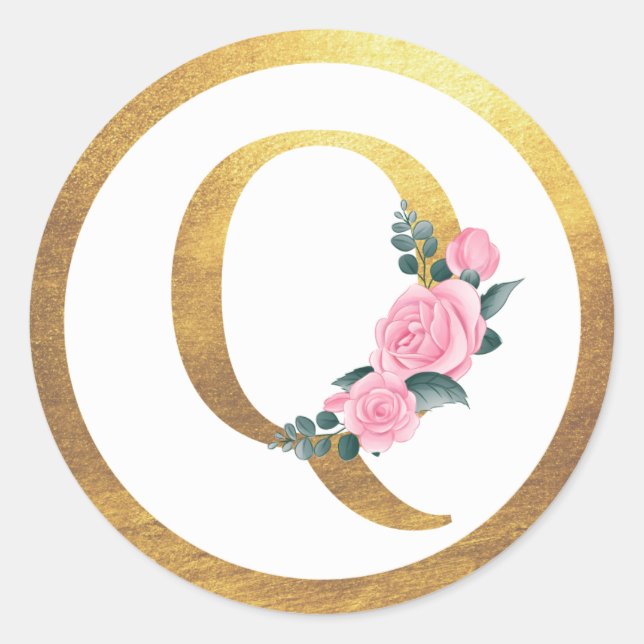 Letter Q Monogram Roses Floral & Elegant Gold Runder Aufkleber (Vorderseite)