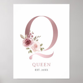 Letter Q Monogram Watercolor Rose Florals Kinderzi Poster