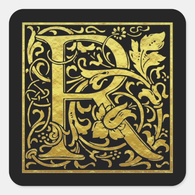 Letter R First Letter Imitats Gold Black Quadratischer Aufkleber (Vorderseite)