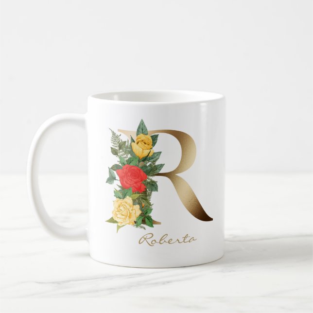 Letter R Gold Monogram Gelbe Rote Rosen Blumenblüt Kaffeetasse (Links)