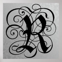 Letter R, Gothic Monogram Black Poster