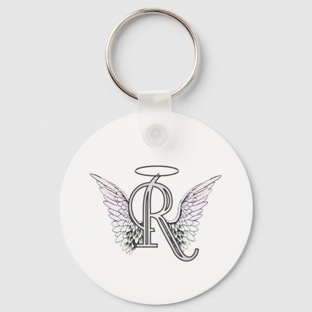 Letter R Initial Monogram mit Angel Wings & Halo Schlüsselanhänger (Vorderseite)
