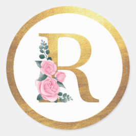 Letter R Monogram Roses Floral & Elegant Gold Runder Aufkleber