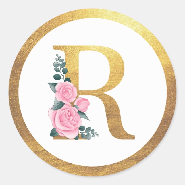 Letter R Monogram Roses Floral & Elegant Gold Runder Aufkleber (Vorderseite)