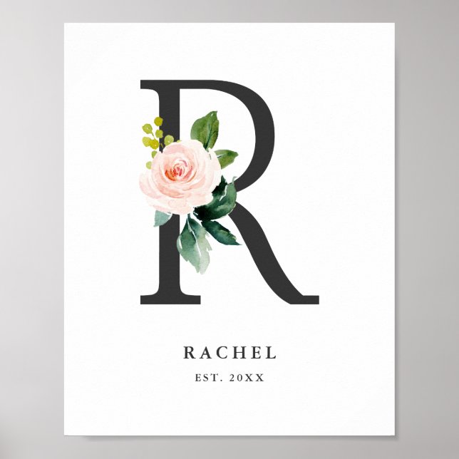 Letter R Monogram Watercolor Peach Florals Kinderz Poster (Vorne)