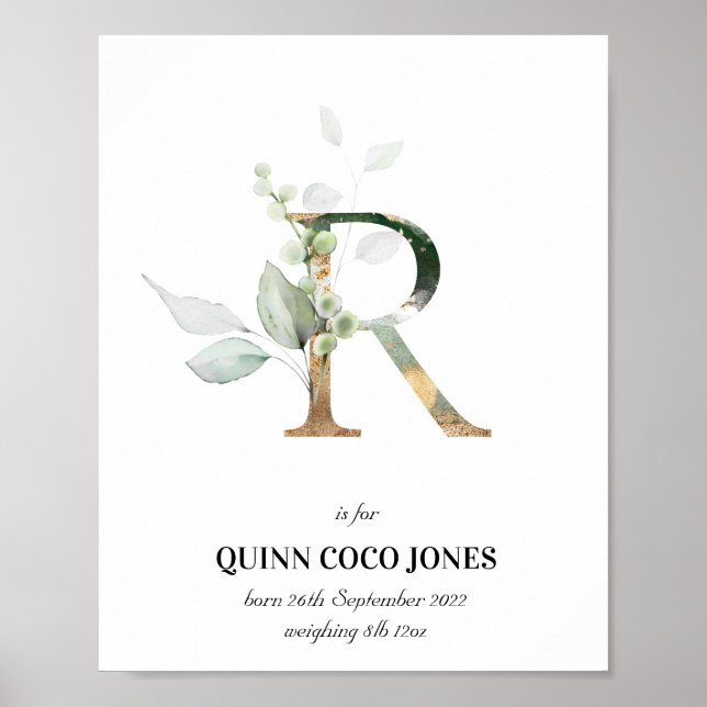 Letter R New Baby Monogram Birth Print Greenery Poster (Vorne)