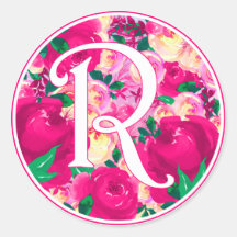 Letter R Pink Watercolor Floral Circle Monogram