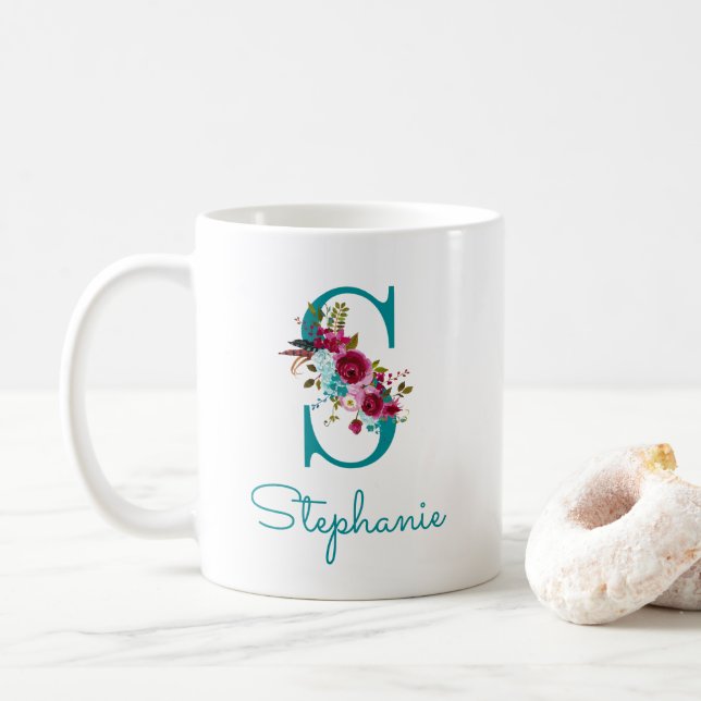 Letter S Aquamarin rosa Floral Kaffeetasse (Mit Donut)