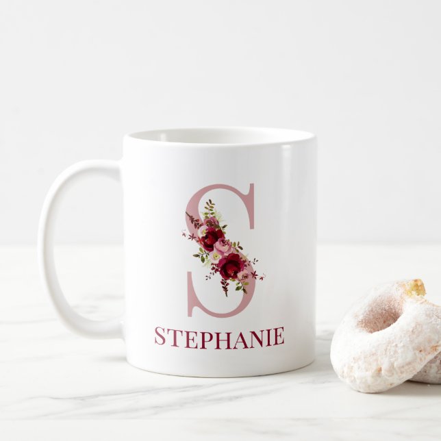 Letter S Burgundy Blush Floral Kaffeetasse (Mit Donut)