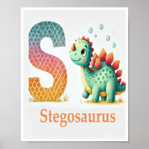 Letter S, Dinosaur Alphabet Watercolor Poster