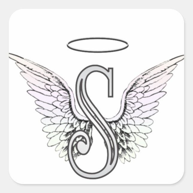 Letter S Initial Monogram mit Angel Wings & Halo Quadratischer Aufkleber (Vorderseite)