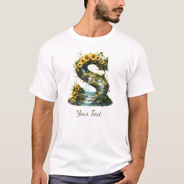 Letter S mit Sonnenblumen und Wasserfall-Fantasie T-Shirt (Vorderseite)