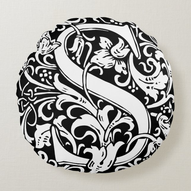 Letter S mittelalterliches Monogramm Art Nouveau Rundes Kissen (Vorderseite)
