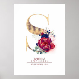 Letter S Monogram Floral Navy Blue und Burgundy Poster