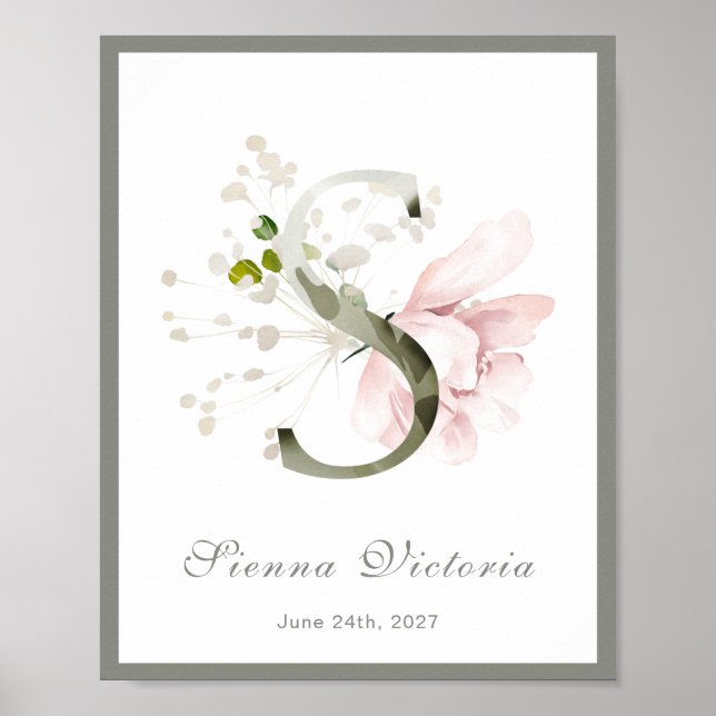 Letter S Monogram Pink Floral Kinderzimmer Poster (Vorne)