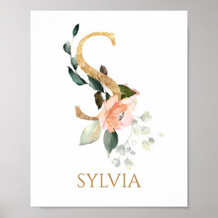 Letter S Monogram Pink Peach Rose Kinderzimmer Pos Poster