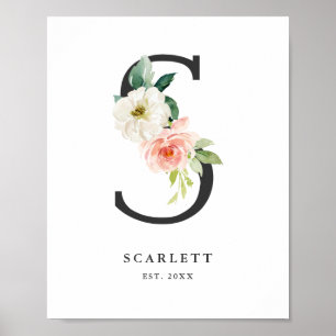 Letter S Monogram Watercolor Peach Florals Kinderz Poster