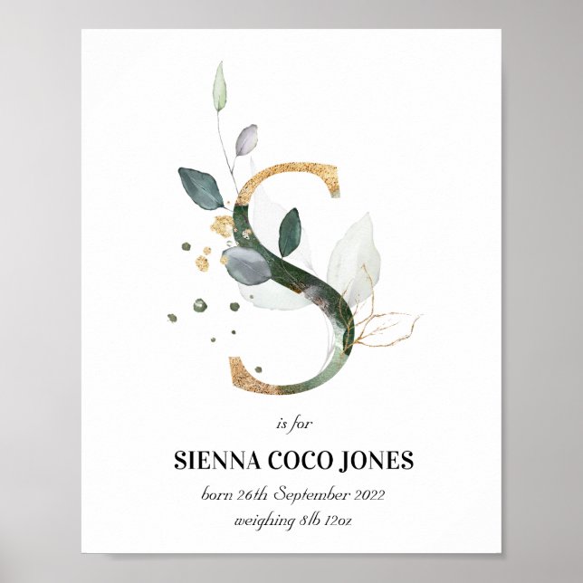 Letter S New Baby Monogram Birth Print Green Poster (Vorne)