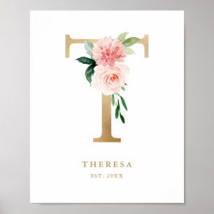 Letter T Blush Floral Monogram Gold Foil Kinderzim Poster
