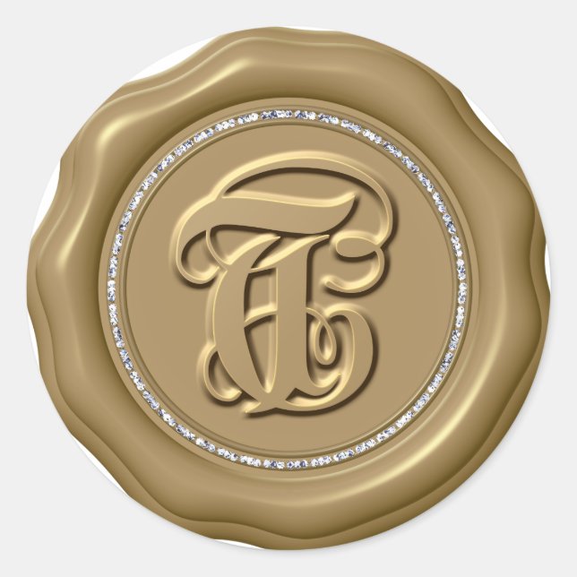 *~* Letter T Diamond Circle GOLD Wax Siegel Sticke Runder Aufkleber (Vorderseite)