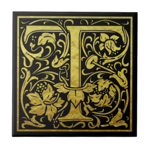 Letter T First Letter Imitate Gold Black Fliese