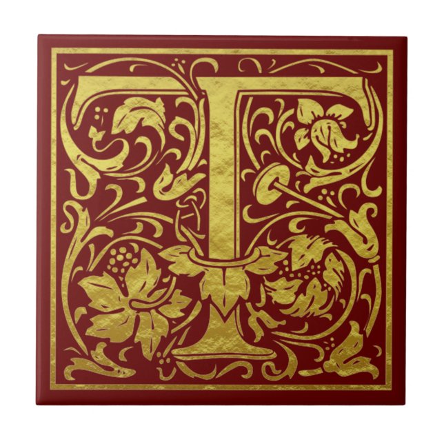 Letter T First Letter Imitats Gold Red Fliese (Vorderseite)