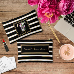 Letter T Floral Monogram Schwarz-weiße Streifen Zubehörtasche