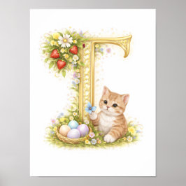 Letter T Gold Spring Nature Monogram Kitten Kids  Poster