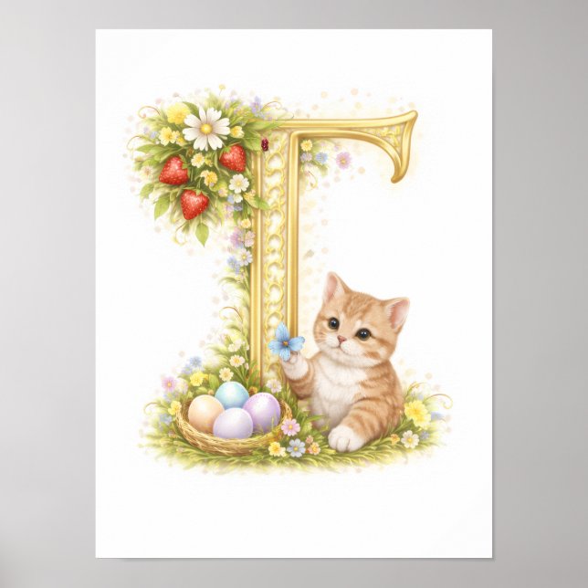 Letter T Gold Spring Nature Monogram Kitten Kids  Poster (Vorne)