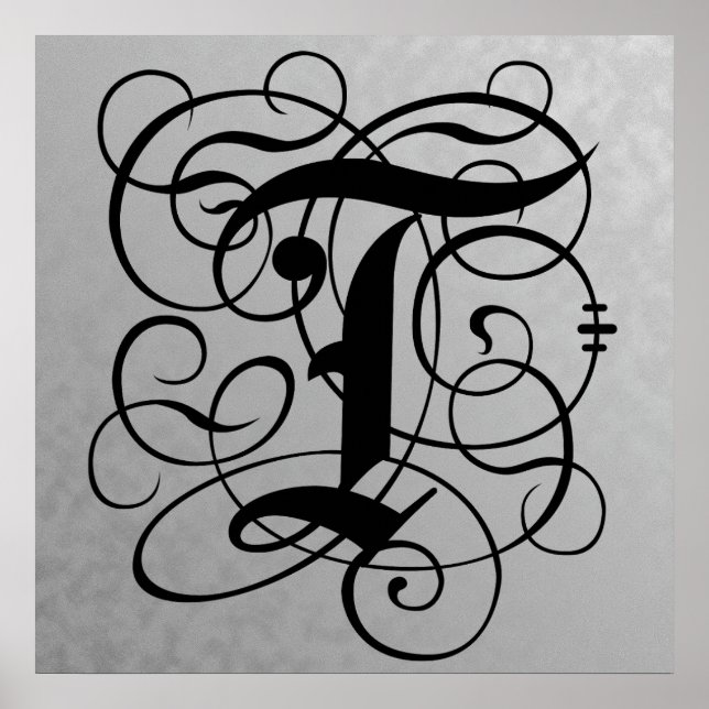 Letter T, Gothic Monogram Black Poster (Vorne)