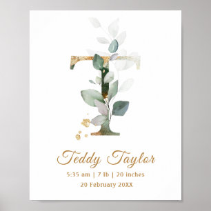 Letter T green & gold foliage Baby Birth Poster