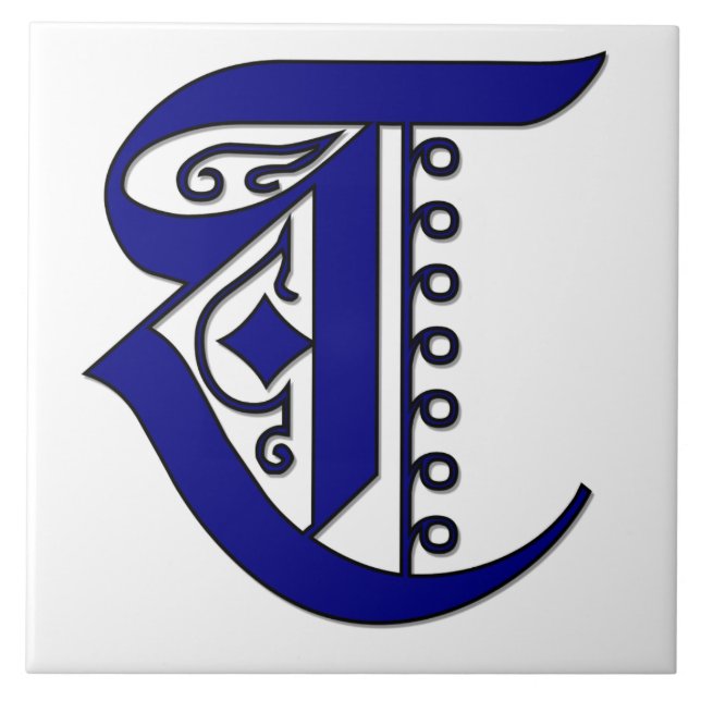 Letter T in Blue Colchester Monogram Tile Fliese (Vorderseite)