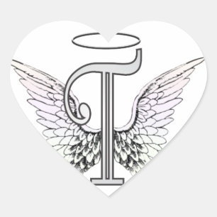 Letter T Initial Monogram mit Angel Wings & Halo Herz-Aufkleber