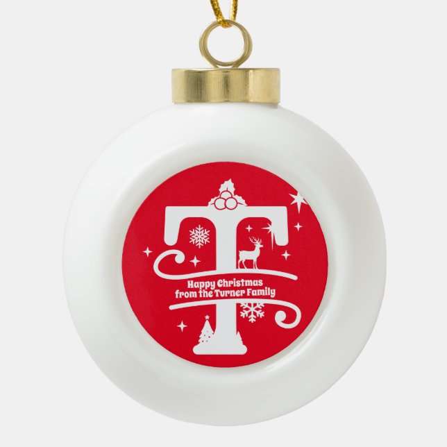 Letter T Monogram Anfangsname Familienname Gruß Keramik Kugel-Ornament (Vorderseite)