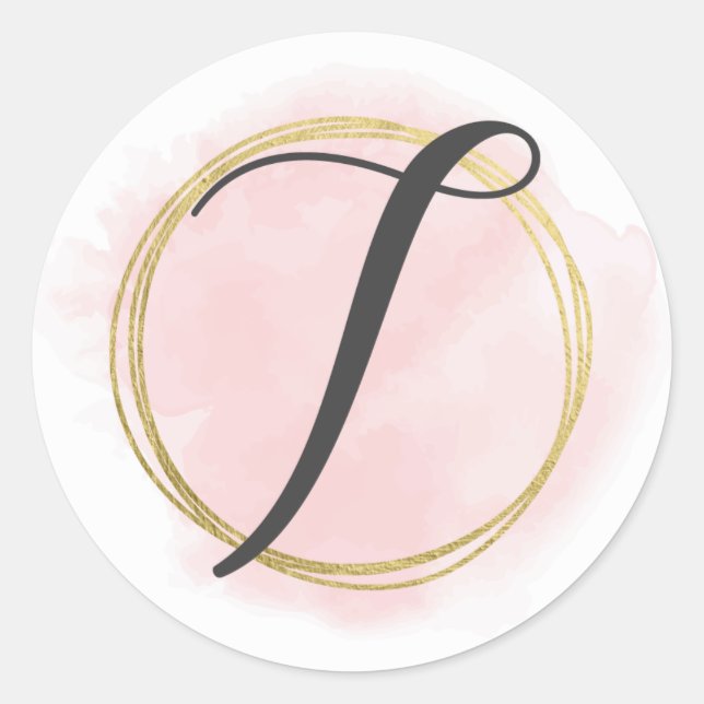 Letter T Monogram Blush Pink Aquarell Gold Chic Runder Aufkleber (Vorderseite)