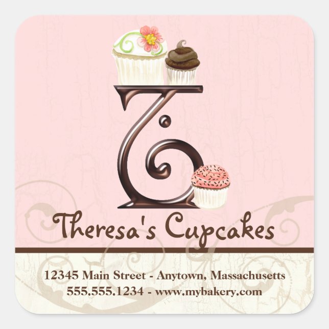 Letter T Monogram Cupcake Logo Business Identity Quadratischer Aufkleber (Vorderseite)