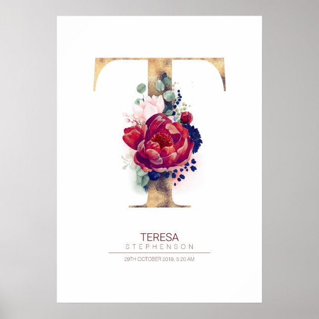 Letter T Monogram Floral Navy Blue und Burgundy Poster (Vorne)