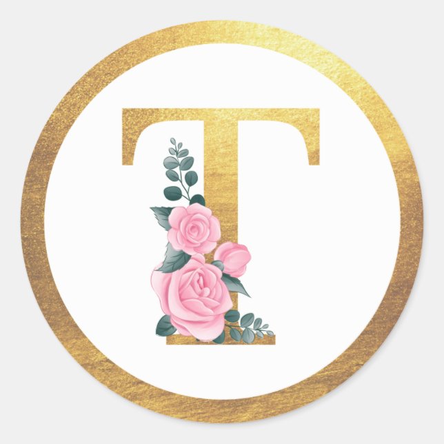 Letter T Monogram Roses Floral & Elegant Gold Runder Aufkleber (Vorderseite)