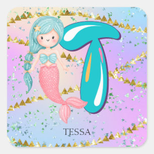Letter T Monogram Watercolor Niedlich Mermaid Kind Quadratischer Aufkleber