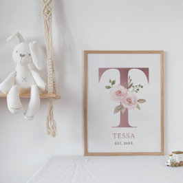 Letter T Monogram Watercolor Rose Florals Kinderzi Poster