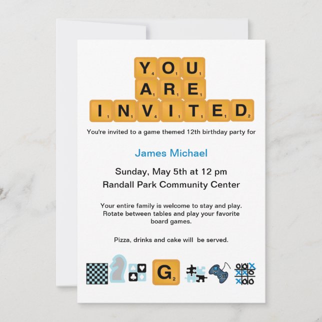 Letter Tiles Blue zum Geburtstag Einladung (Vorderseite)