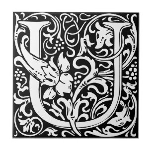 Letter U art nouveau schwarz-weiß Tile Fliese