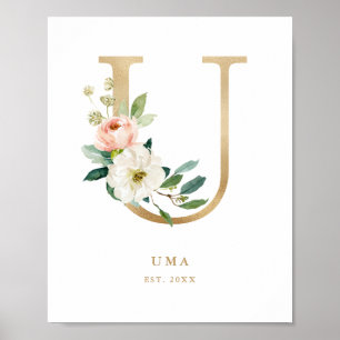 Letter U Blush Monogram Gold Foil Kinderzimmer Poster