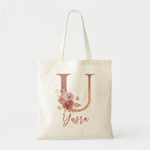 Letter U Blush rosa Glitzer Floral Monogram Tragetasche